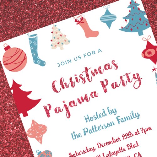 Adult slumber party invitation red blue