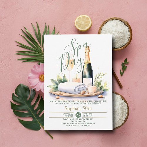 Adult Spa Day Party Watercolor Green 50th Birthday Invitation