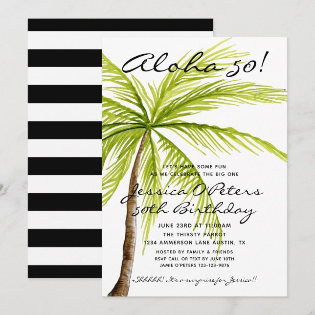Adult Surprise 50th Birthday Tropical Aloha Party Invitation (Front/Back)