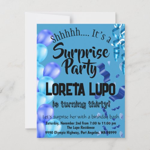 Adult Surprise Birthday Invitation Card Blue
