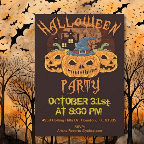 Adult Three Evil Pumpkin Faces Halloween Party  Invitation