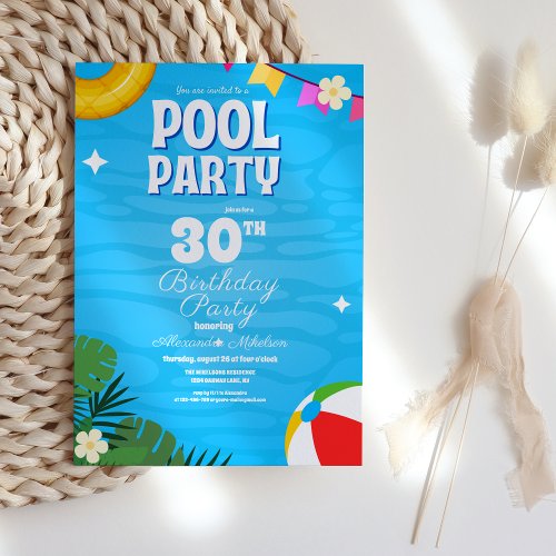 Adult White Pool Party Summer Birthday  Invitation