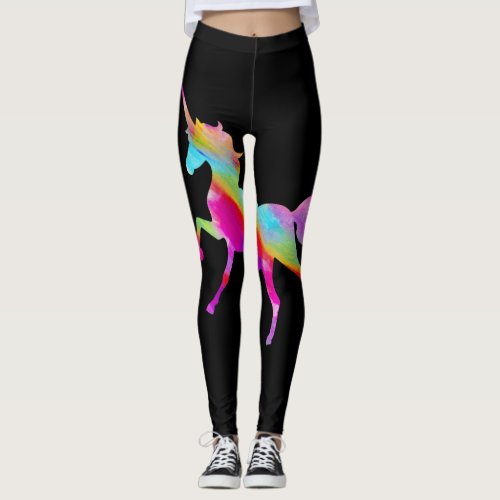 Adult Womans Gold Glitter Rainbow Unicorn _ Black Leggings