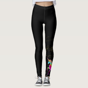 Adult Woman's Gold Glitter Rainbow Unicorn - Black Leggings