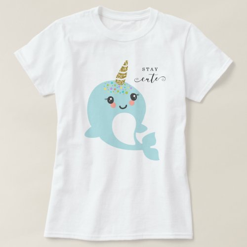 Adult Womans Narwhal Gold Glitter Rainbow Stripes T_Shirt