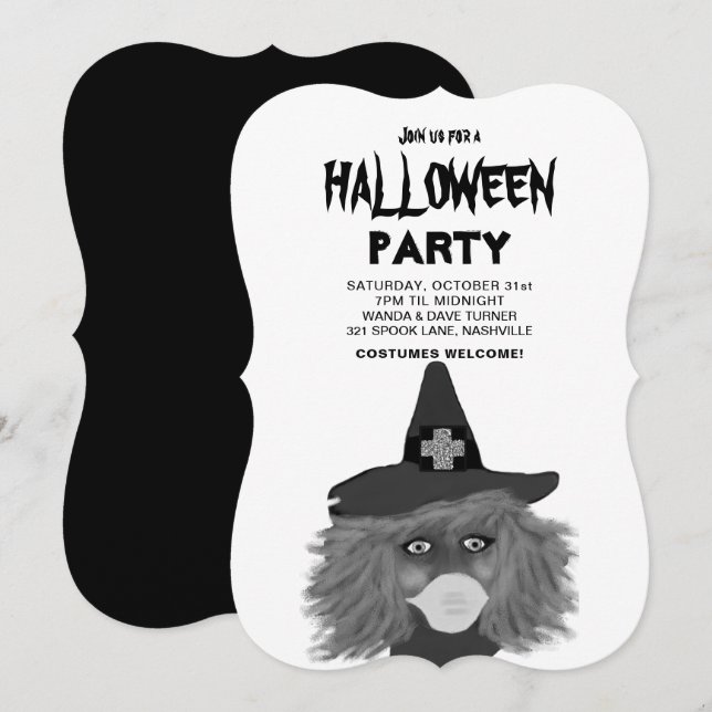 Adults Black And White Witch Halloween Party  Invitation (Front/Back)