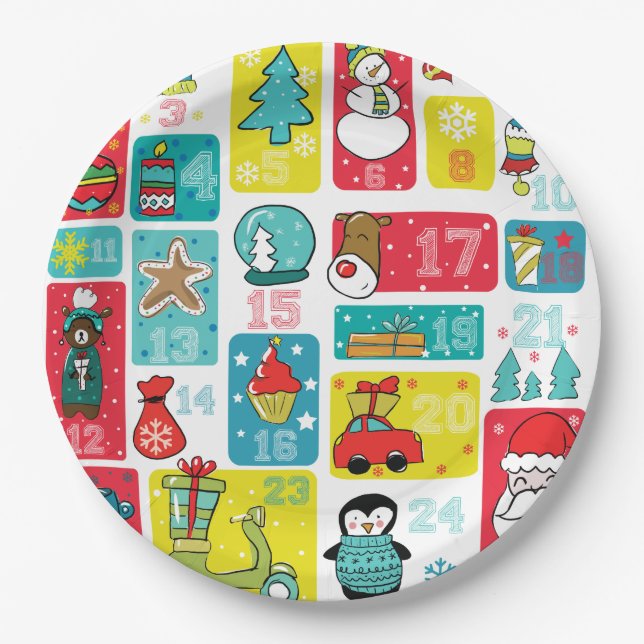 Advent Calendar Cartoon style Paper Plates (Front)