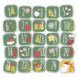 Advent Countdown 25 Christmas Doodle Style Sticker<br><div class="desc">Get ready for the holiday season with a set of 25 numbered stickers (1–25) designed to make your own DIY Advent calendar or Christmas countdown project truly special. Each piece comes in a playful square doodle shape, featuring a vibrant green background with bold festive numbers. The designs are paired with...</div>