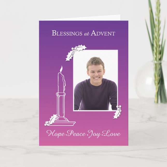 Advent Photo Blessings Wreath Candle Purple Pink Holiday Card (Front)
