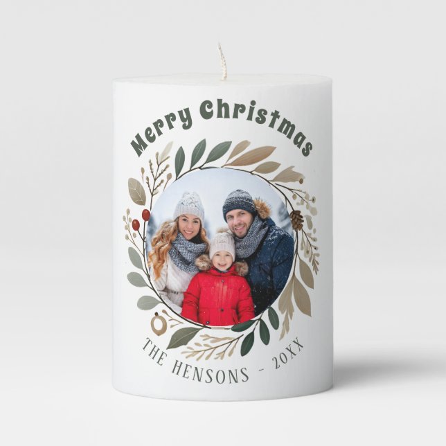 Advent Wreath Foliage Merry Christmas Family Photo Pillar Candle (Front)