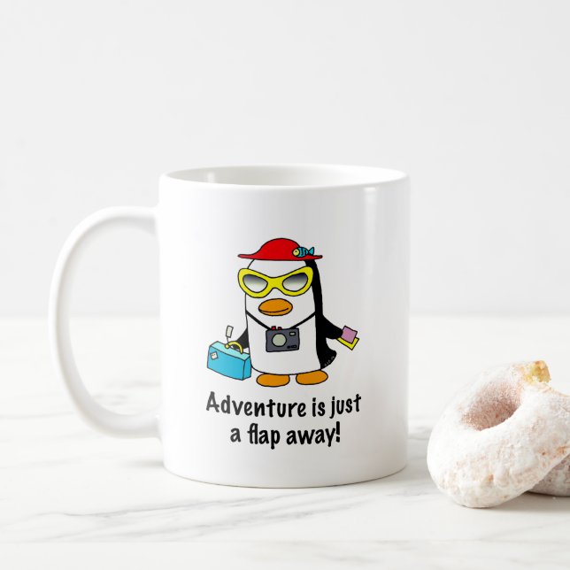 Adventure A Flap Away Tourist Penguin Coffee Mug (With Donut)