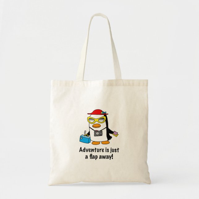 Adventure A Flap Away Tourist Penguin Tote Bag (Front)