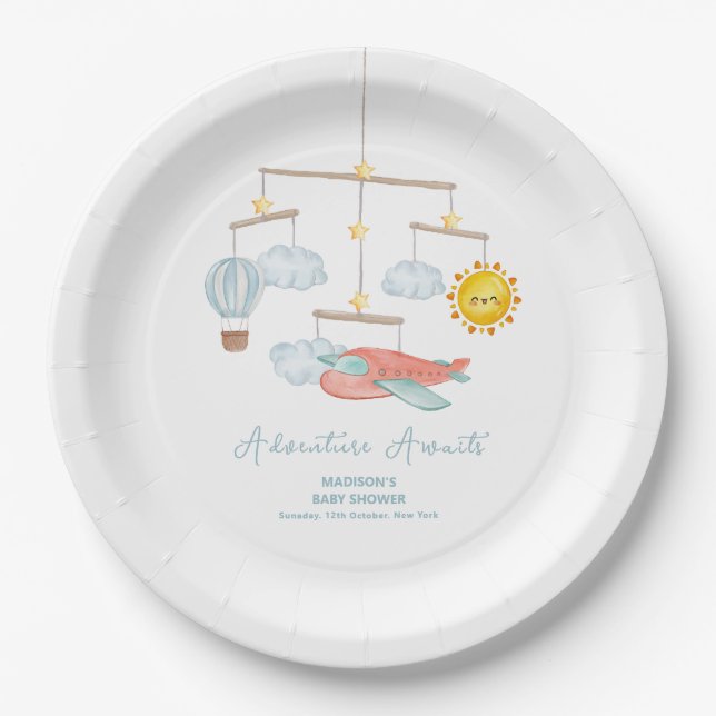Adventure Airplane Hot Air Balloon Baby Shower  Paper Plates (Front)