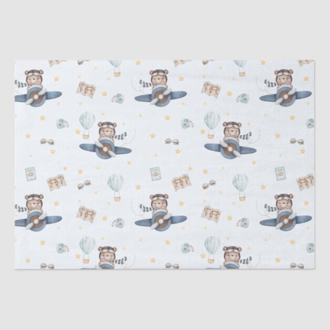 Adventure Aviation Bear Blue Plane Decoupage Tissue Paper (Front)