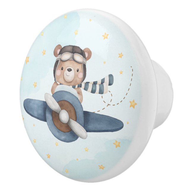 Adventure Aviation Cute Bear Blue Plane  Ceramic Knob (Right)