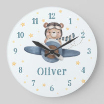 Adventure Aviation Cute Bear Blue Plane  Large Clock