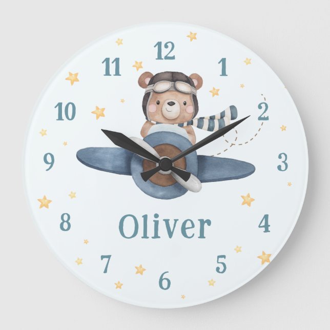 Adventure Aviation Cute Bear Blue Plane  Large Clock (Front)