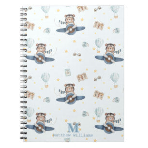 Adventure Aviation Cute Bear Blue Plane Monogram Notebook