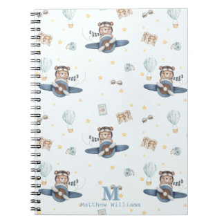 Adventure Aviation Cute Bear Blue Plane Monogram Notebook
