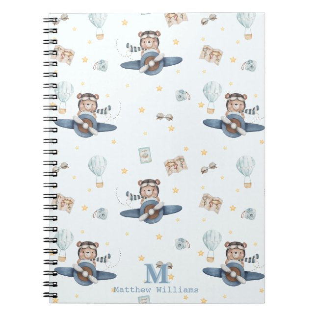 Adventure Aviation Cute Bear Blue Plane Monogram Notebook (Front)