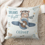 Adventure Aviation Cute Bear Blue Plane  Throw Pillow<br><div class="desc">Add a touch of adventure to your child's room with our adorable Aviation Bear Kids Throw Pillow! Featuring a cute bear riding a blue vintage plane, this pillow is perfect for inspiring young imaginations. The front side showcases the whimsical design with the encouraging headline "Let Your Dreams Take Flight, "...</div>