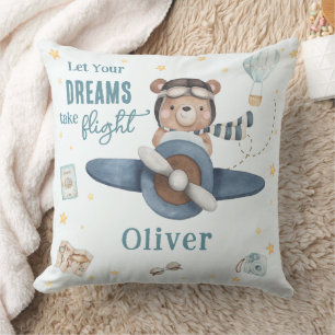 Adventure Aviation Cute Bear Blue Plane  Throw Pillow