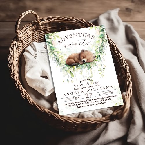 Adventure Await Woodland Bear Greenery Baby Shower Invitation