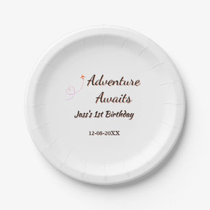 Adventure awaits 1st birthday name date planeretro paper plates