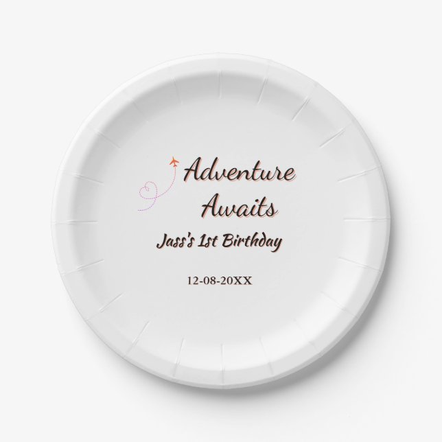 Adventure awaits 1st birthday name date planeretro paper plates (Front)