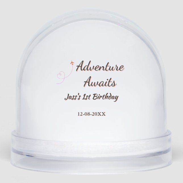 Adventure awaits 1st birthday name date planeretro snow globe (Front)