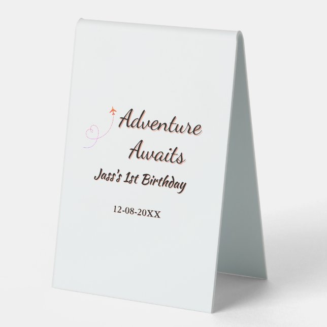 Adventure awaits 1st birthday name date planeretro table tent (Front)