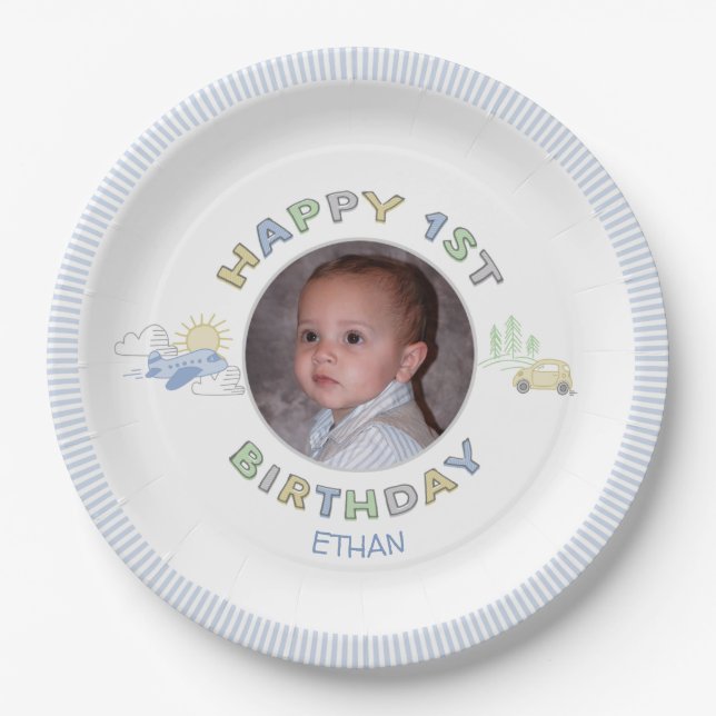 Adventure Awaits 1st Birthday Photo Personalized Paper Plates (Front)