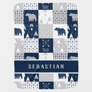 Adventure Awaits Add Your Name Blue Grey White Baby Blanket