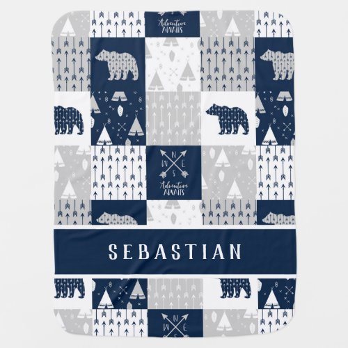 Adventure Awaits Add Your Name Blue Grey White Baby Blanket