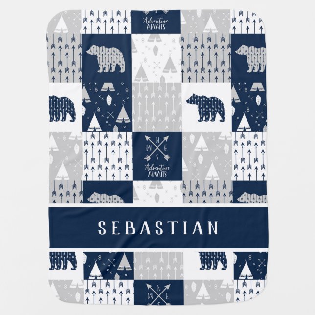 Adventure Awaits Add Your Name Blue Grey White Baby Blanket (Front)