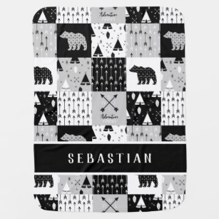 Adventure Awaits Add Your Name Grey Black White Baby Blanket