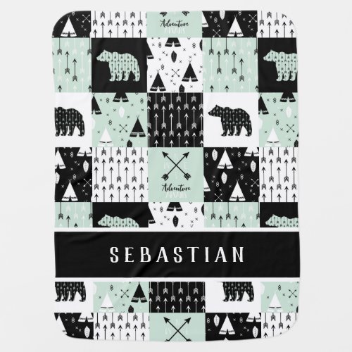 Adventure Awaits Add Your Name Mint Black White Baby Blanket