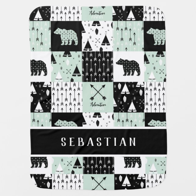 Adventure Awaits Add Your Name Mint Black White Baby Blanket (Front)