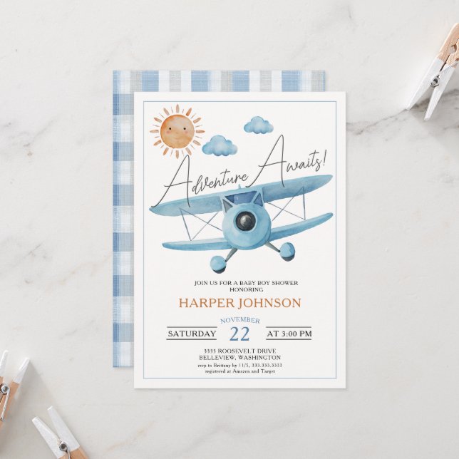 Adventure Awaits Airplane Baby Shower Boy Invitation (Front/Back In Situ)