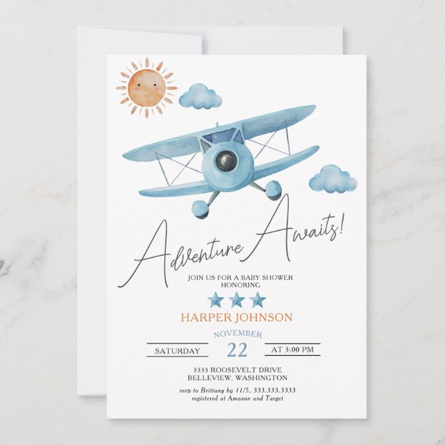 Adventure Awaits Airplane Baby Shower Invitation (Front)