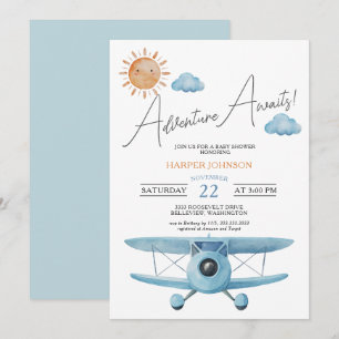 Adventure Awaits Airplane Boy Baby Shower Invitation