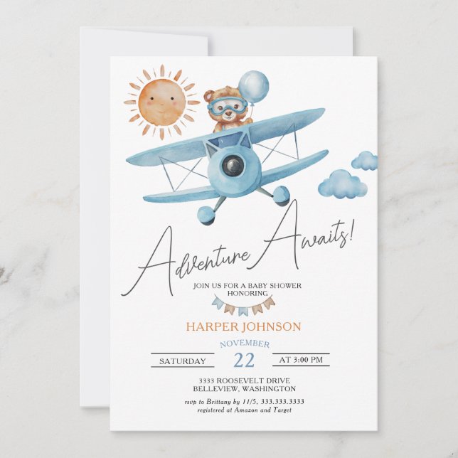 Adventure Awaits Airplane Teddy Bear Baby Shower  Invitation (Front)
