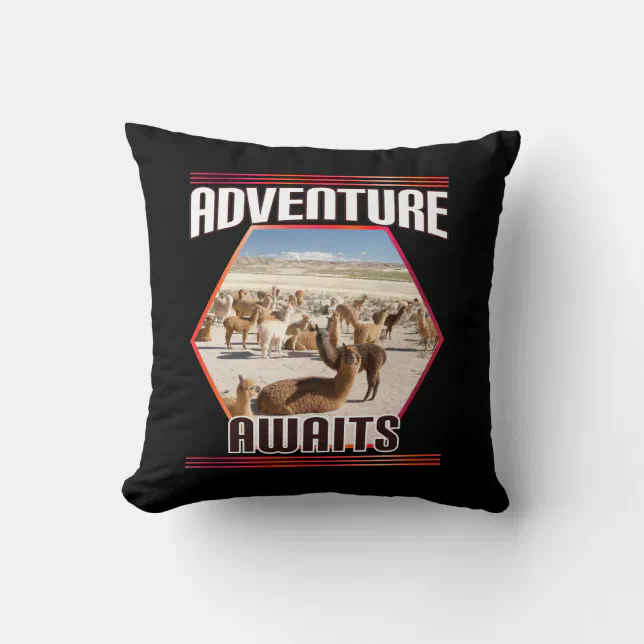 Adventure Awaits - Alpaca Llama Travel Quote Throw Pillow (Front)