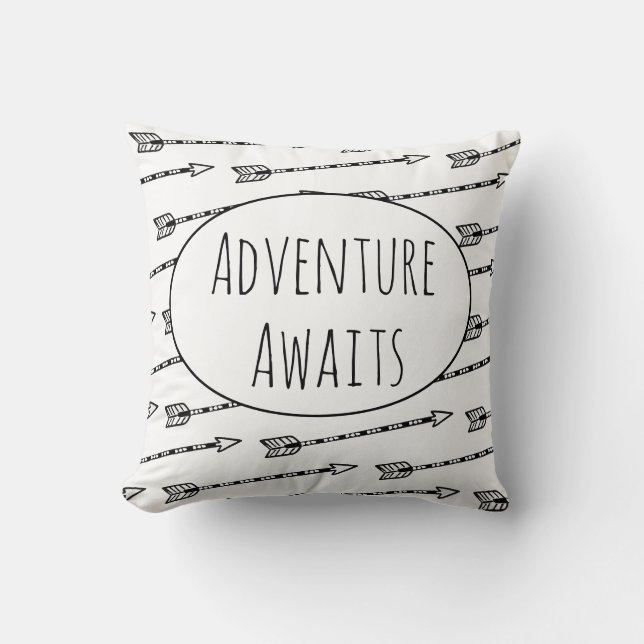 Adventure Awaits Arrow Pattern Black White Throw Pillow (Front)