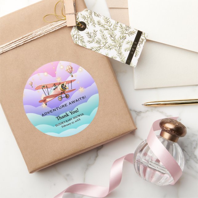 Adventure Awaits Aviation Baby Shower Classic Round Sticker (Gifting)