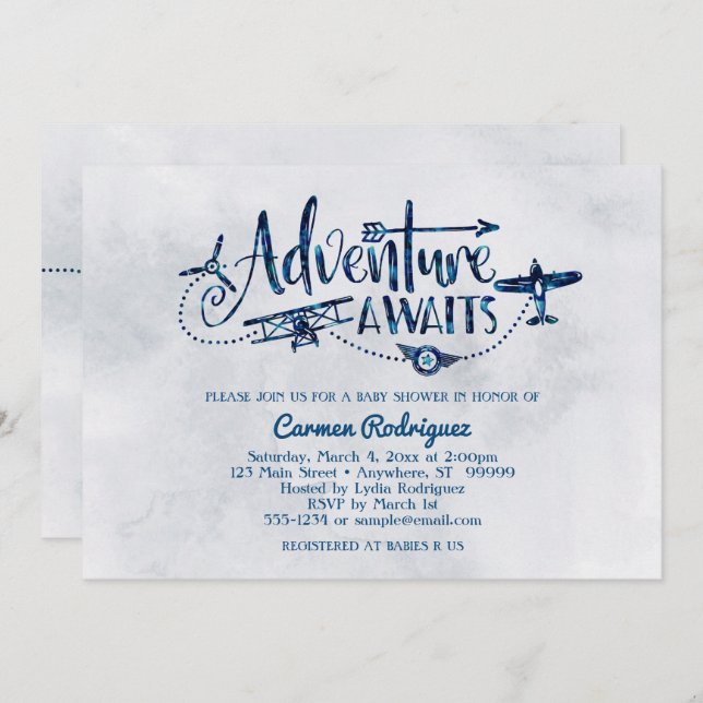 "Adventure Awaits" Aviation Baby Shower Invitation (Front/Back)