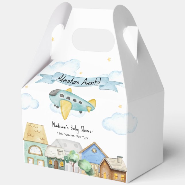 Adventure Awaits Aviator Airplane Baby Shower  Favor Boxes (Front)