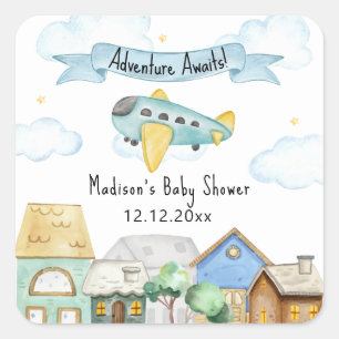 Adventure Awaits Aviator Airplane Baby Shower Square Sticker