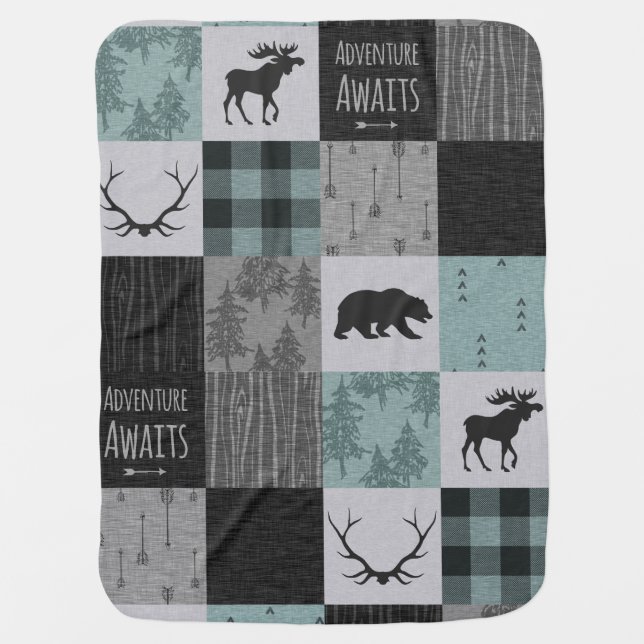 Adventure Awaits Baby Blanket- Aqua, Grey and Blac Baby Blanket (Front)
