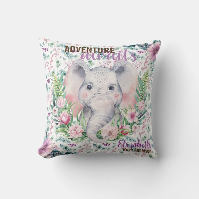 Adventure Awaits Baby Elephant Purple Floral Named Throw Pillow (Front)